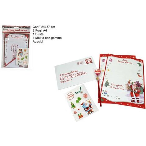 Set completo lettera a Babbo Natale con fogli, busta, matita e adesivi per regali natalizi