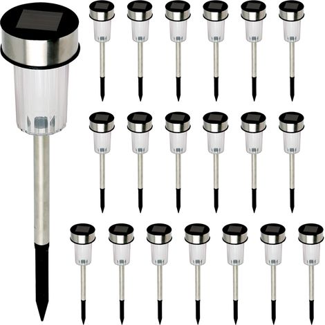 Idmarket – Lot de 20 lampes solaires à LED – Piquets 12 cm – Résistantes aux intempéries – Éclairage automatique nocturne – Lumière blanche froide
