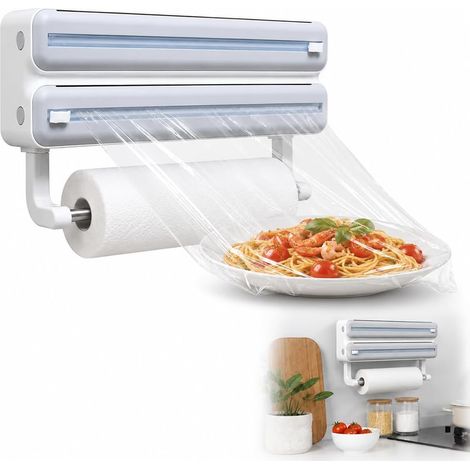 Derouleur Film Alimentaire, 3 en 1 pour Rouleaux Jusqu'à 31 Cm Distributeur Papier Aluminium Et Film, sans PerçAge Porte Essuie Tout Mural, Organisateur De Cuisine éConomiseur D'Espace, Gris (1/5)
