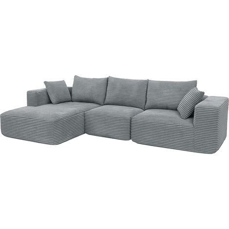 Set divani sofà HHG-938, divano a 3 posti lounge, stoffa/tessuto a coste (370 g/m²) penisola a destra, grigio chiaro (1/5)