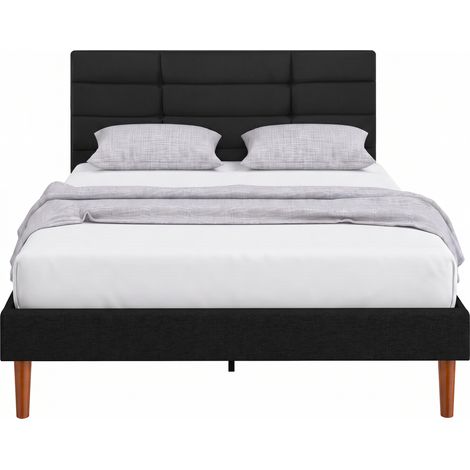 Cadre de lit - HOMCOM - 140 x 200 cm - rangement au-dessous - sans bruit - sommier bois - rembourré en effet lin - noir (1/5)
