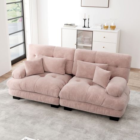 Sofá de 2 plazas de chenilla rosa con 2 cojines lumbares y 2 decorativos DESVIAE (1/5)