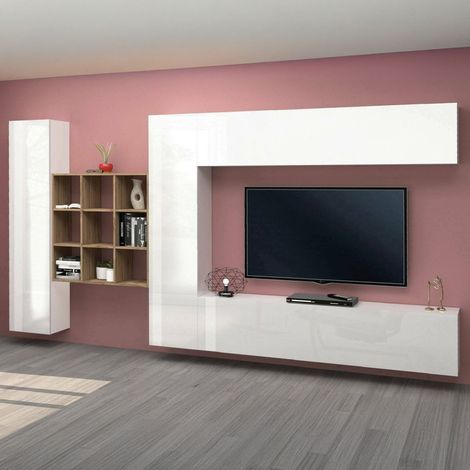 Dmora - Pared Equipada Dfallic, Conjunto de salón Mueble TV con 4 puertas, Mueble de salón polivalente, 100% Made in Italy, cm 350x30h180, Blanco brillante (1/5)