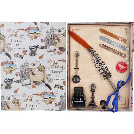 Ensemble d'écriture plume rétro en acier inoxydable avec plumes trempées, coffret cadeau de cire et boîte de rangement (Type 2) (1/5)