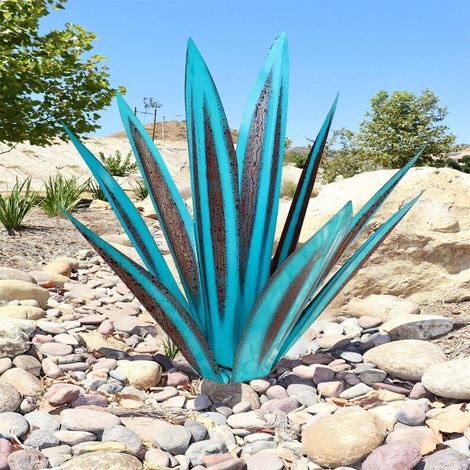 Sculpture Métallique Agave - Décoration Extérieure Jardin Cour - Style Rustique Bleu Ciel - Hauteur 27 cm - 9 Feuilles - 1 Pièce (1/5)