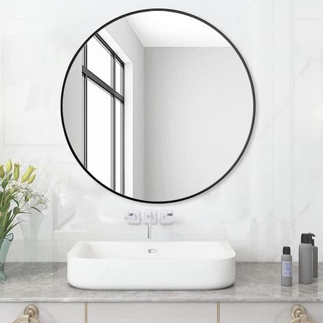 Miroir rond de salle de bain 50 cm – Cadre en plastique noir – Verre HD sans plomb – Installation facile sur murs lisses (1/2)