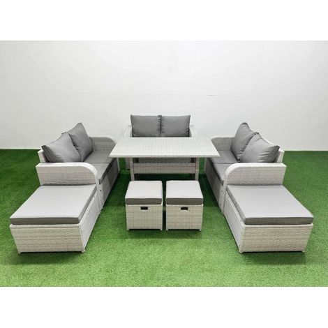 Fimous PE Rattan Lounge Sofa Set 10 Seater Outdoor Garden Furniture Set with Dining Table Love Sofa 2 Big Footstools 2 Small Stool Light Grey (1/4)