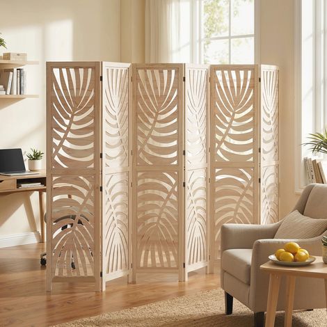 Paravent intérieur bois 6 panneaux 240x170 cm, motif feuille amovible naturel. Grand paravent feuillage pour une décoration végétale, naturel et design. (1/5)