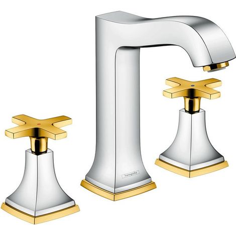 Mélongeur lavabo 160 3 trou s poignées croisillons,avec vidage aspect chroméé/or