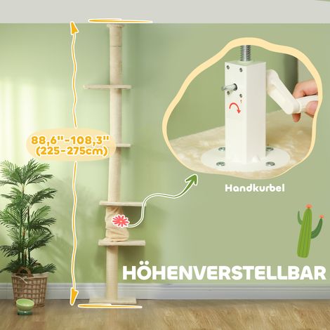Kratzbaum crème blanc, hauteur réglable 225-275 cm, base stable anti-bascule, revêtement en peluche douce (1/5)