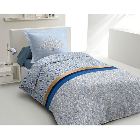 Housse de Couette - 2 Pièces 100% Coton - 57 Fils 1 Personne - 140 x 200 cm Louxor Bleu (1/3)