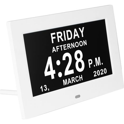 Grande horloge numérique avec calendrier et date de 17,8 cm avec jour et date pour les personnes âgées, avec 12 options d'alarme (blanc) (1/5)