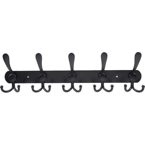 Porte-manteau mural (noir) - 5 crochets différents, porte-manteau robuste en acier inoxydable pour vêtements, serviettes, sacs, peignoirs, entrée de salle de bain (1/4)