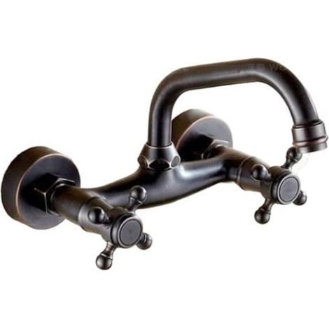 Robinet de lavabo salle de bain, QttvbTna, style rétro, filetage G1/2", laiton, finition noir mat, robinetterie vintage, mitigeur mécanique, pour vasque, 1 pièce (1/2)