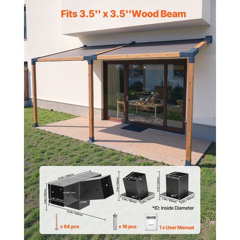 Kit Support de Pergola, Lot de 3, Support de Poteau Bois 92x92 mm, Supports d'Angle 4 Voies, avec Base de Poteau, Base Murale, pour… (1/5)