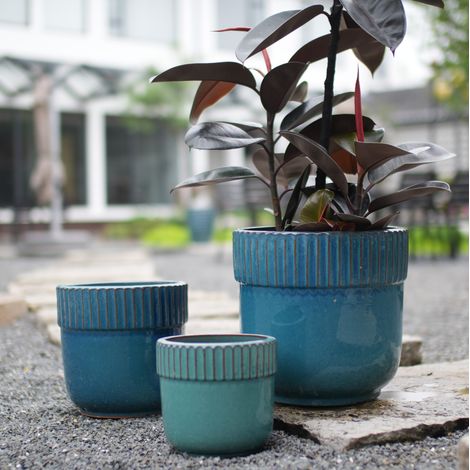 Pot de fleurs en céramique Ø 38 cm, émaillé turquoise, avec trous de drainage OKMYHOME (1/5)