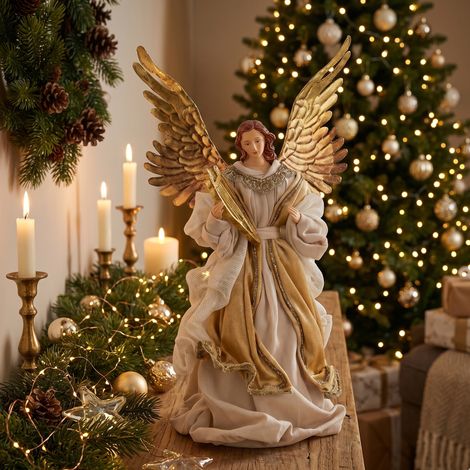 Angelo per presepe vestiti in resina e garza color champagne h 36 cm (1/3)