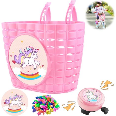 Panier Velo Enfant, Panier de Vélo pour Enfants, Licorne Panier Velo, Panier Avant Vélo Enfants avec Cloche et Autocollant pour Décoratif Vélo, Draisienne, Scooter, Accessoire de Vélo Enfant Filles (1/5)