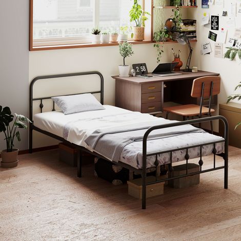 Bett Metall Schwarz 90x200 cm, inklusive Lattenrost, mit 32 cm Stauraum (1/5)