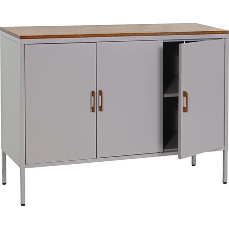 Commode HHG-930, Buffet armoire, 3 portes métal 90x120x40cm, mélaminé, gris