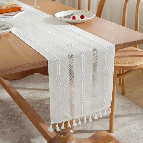 1 Chemin de table 33 x 180 cm, brodé bohème avec pompons, décoratif minimaliste, lavable en machine, pour salle à manger et table basse (1/5)
