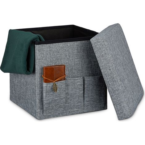 Relaxdays Sitzhocker, faltbar, HxBxT:38x38x38cm, stabil, mit 3 Seitentaschen, Sitzwürfel aus Leinen mit Deckel, grau