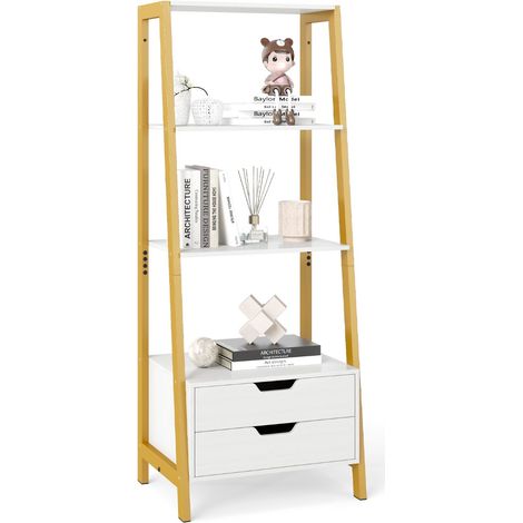 Libreria scala cassetti camera letto ufficio casa scaffale autoportante 4 ripiani 2 cassetti Bianco (1/4)