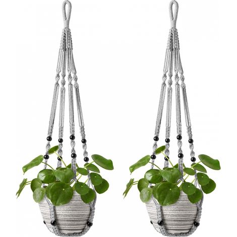 Macrame Plant Hanging Basket with Wood Beads Decorative Planter Holder Bohemian Home Decor 2Pcs Gris (1/5)
