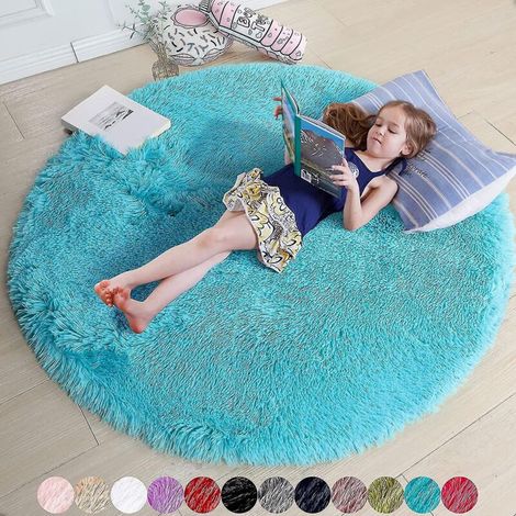 Tapis rond rose poudré, idéal pour la chambre à coucher, tapis rond moelleux 120 x 120 cm, parfait pour les enfants - Bleu (1/5)