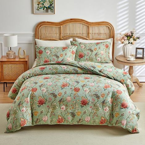 Parure de lit 200 x 200 cm - Série plante avec fermeture éclair - Motif floral vintage coloré - Vert - Housse de couette 200 x 200 cm et 2 taies d'oreiller 80 x 80 cm (1/5)
