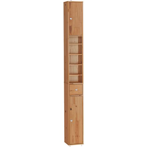 SoBuy Solid Wood Bathroom Cabinet, Narrow Storage Cabinet with Drawer and Open Compartments, Adjustable Shelves, Wood Color, 20x20x180 cm, BZR34-II-SH