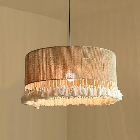 Kronleuchter im römischen Stil mit Lampenschirm aus Hanfseil und Baumwollquaste, verstellbare Höhe von 1,5 m, LED-Deckenleuchte, Ø 30 cm, warmes Licht. (1/5)