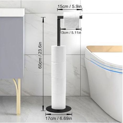 Porte Papier Toilette sur Pied Noir - Support Rouleau WC avec Réserve - Dérouleur Papier Toilette sur Pied - Accessoire WC Moderne et Stable (1/5)