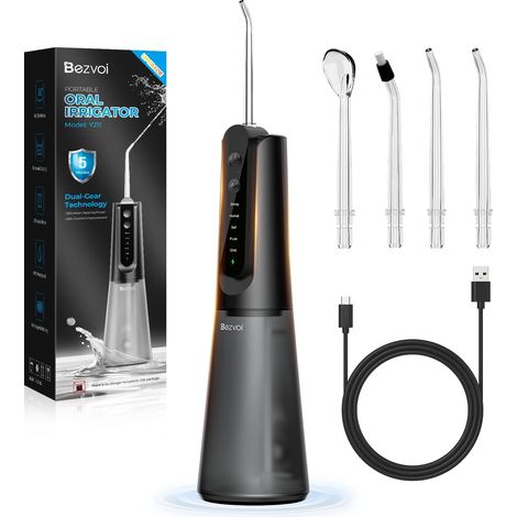 Hydropulseur Dentaire, 5 Modes, Autonomie 40 Jours, 4 Embouts à Jet Hydropulseur sans fil rechargeable USB-C, étanchéité IPX7, adapté aux bagues dentaires pour soins buccaux journaliers (1/5)