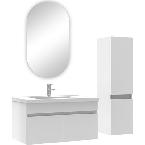 Ocean ensemble Salle de Bain simple vasque avec colonne et miroir ovale 80cm meuble blanc