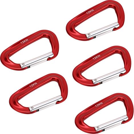 Lot de 5 mousquetons d'escalade en alliage d'aluminium 12 kN (1225 kg) robustes, anneaux en D, pour camping, randonnée et activités de plein air (rouge). (1/5)