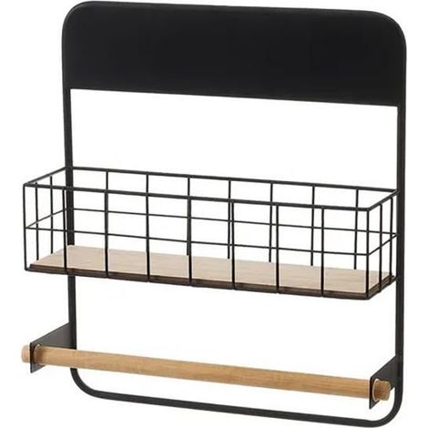 Étagère murale avec porte-rouleau - JUANIO - Modèle 34x10,5x39 cm - Noir - Métal - Facile à installer (1/4)