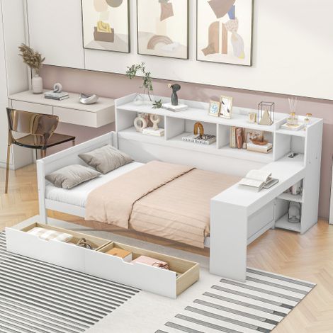 Camas con cajones 90x200 cm, cama infantil con toma de corriente, puerto USB, 2 cajones y mesita de noche, color blanco, sin colchón (1/5)
