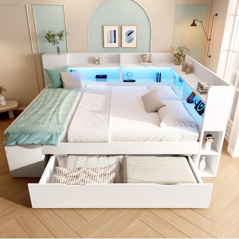 Bett Tagesbett 140x200 cm Weiß aus Holz mit Regal-Kopfteil, LED, USB/Type-C, Stauraum, Schubladen und Lattenrost (1/5)