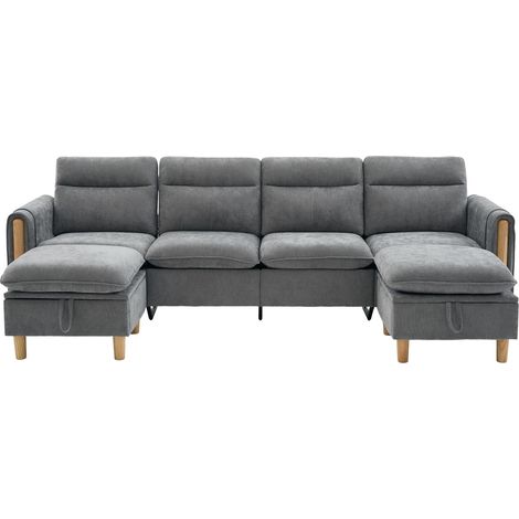 Divano modulare a U in ciniglia grigio chiaro con 2 pouf contenitori e gambe in legno (1/5)