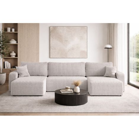 Divano angolare reversibile PIANIOO U trasformabile – Velluto a coste color bianco, ampio vano contenitore, funzione letto, angolo universale sinistro/destro