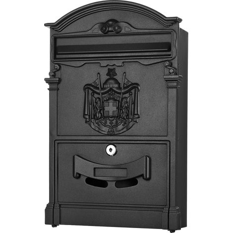 Mucola – Boîte aux lettres murale vintage en aluminium moulé – Design antique noir – Grande ouverture A4 – Inclus 2 clés et matériel de fixation (1/5)