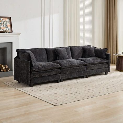 Cloud Sofa 3 Seats (Ottoman is not included), Modern Sectional Couch, for Living Room Bedroom and Apartment, Comfy Double Layer Upholstered Seat Cushion, Breathable Chenille Fabric,Black,DE5013BK