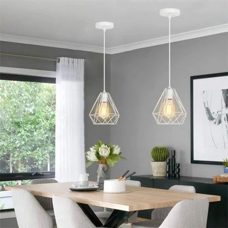 Lot de 2 Suspension Luminaire Industrielle Blanc Moderne Lustre Vintage en Cage Métal Lampe Plafonnier Designe Vintage pour (1/4)