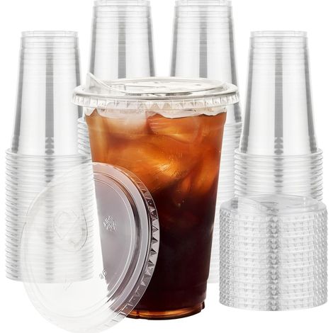 50 Pcs Clear Plastic Cups with Lids, 480ml Reusable Plastic Coffee Cups Elegant Glasses for Ice Cream Coffee Smoothie Milkshake Cold Drinks Parties Catering (1/5)
