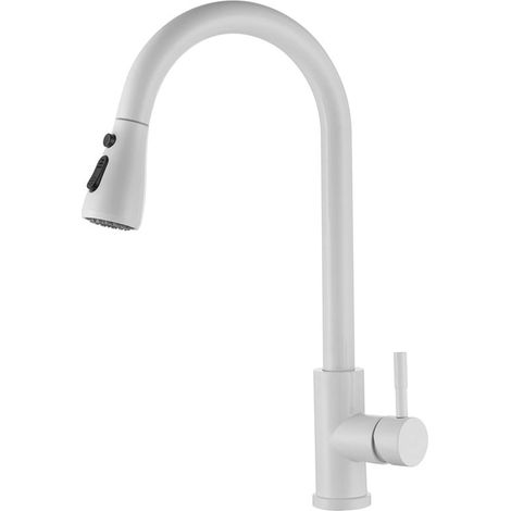 Robinet Cuisine Blanc Mitigeur Cuisine avec Douchette Extractible pivotant à 360°, Robinet d'Évier à Arc Élevé pulvérisateur escamotable 2 Modes, Acier Inoxydable (1/5)