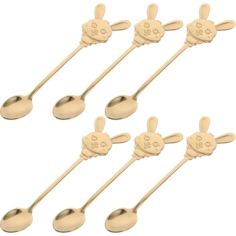 Lot 6 cuillères dessert inox 304 motif lapin doré, décoratives pour Pâques, café, dessert, fêtes