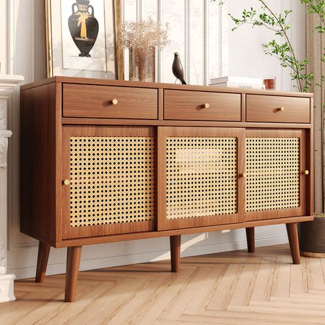 Urban Meuble – Buffet vintage effet noyer 3 tiroirs et 3 portes coulissantes en rotin – Dimensions 120x40x78cm – Espace de rangement élégant (1/5)