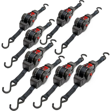 Wiltec – Lot de 8 sangles d'arrimage automatiques 100 daN – Longueur 0,2 m et 1,8 m – PES résistant aux intempéries – Crochets en S