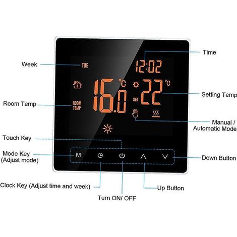 Intelligenter Fußbodenheizungsthermostat, Touchscreen-LCD, Wochenprogrammierung, 16 A, für Zuhause, Schule, Büro, Hotel. (1/5)